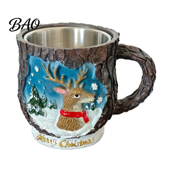 Creative Holiday Gifts Christmas Theme Mug with Stainless Steel Liner, 3D Relief Hand Home Ornaments Painted Resin Coffee Cup, Decorative Drinkware