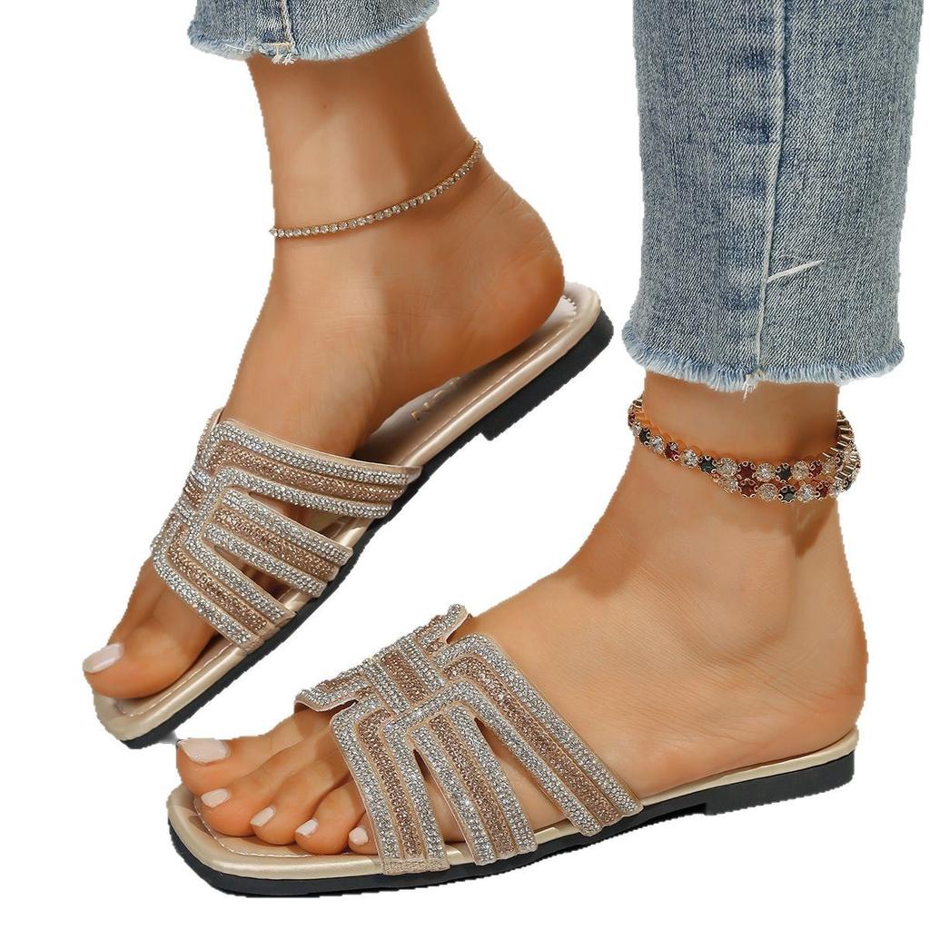 Large Size Flat-bottomed Cool Slippers Women's 2025 Summer New European and American Color Matching Rhinestone Square Head Casual One-word Slippers