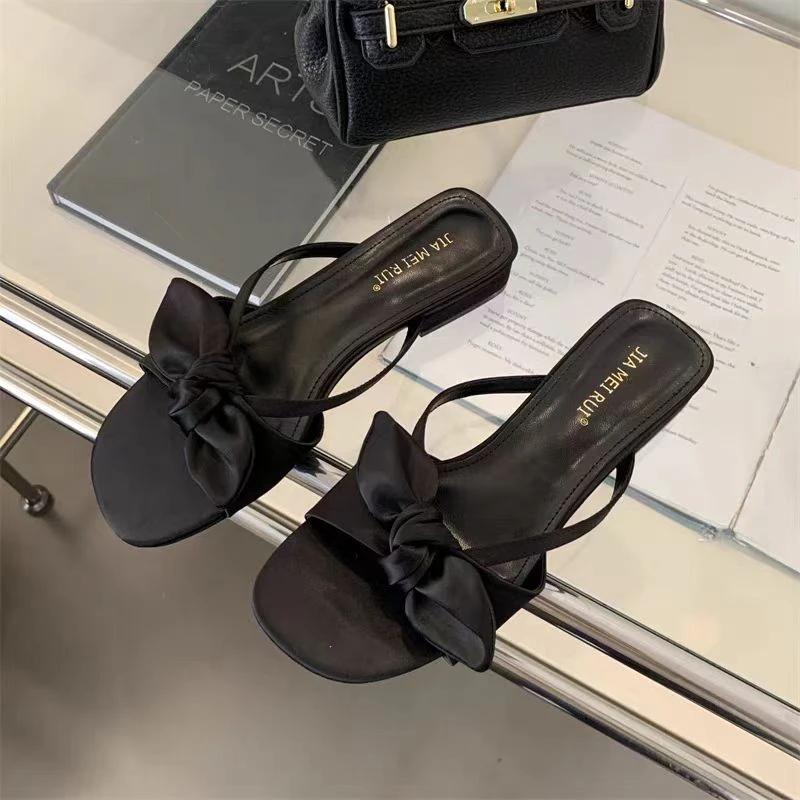 

Middle Heel Peep Toe PU Butterfly-knot Shoes for Women 2024 New Modern Slippers Summer Outdoor New Women s Slippers 40 чёрный