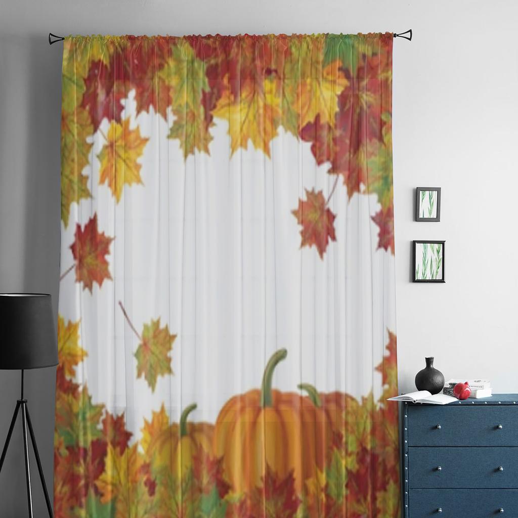 Autumn Leaves And Pumpkins Sheer Window Curtains For Living Room Bedroom Modern Voile Tulle Curtains Fabric Drapes For Kitchen