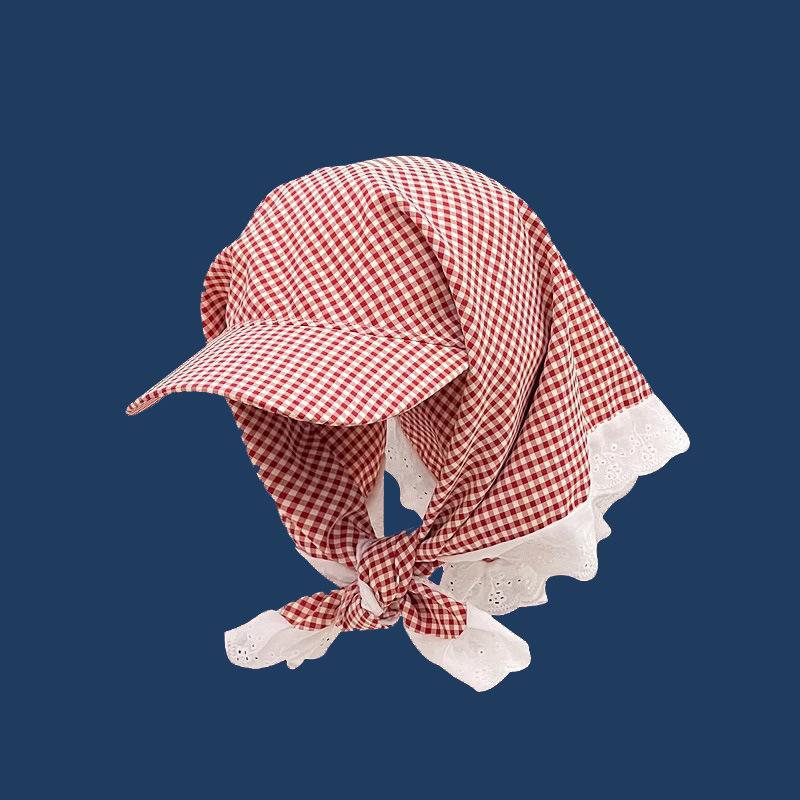 Korean Strap Headscarf Cap Pastoral Triangular Cap Women Summer Sun Protection Plaid Hip Hop Sun Visor