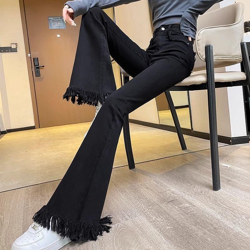 Women s Black High-Waist Velvet Micro-Flare Jeans with Frayed Fringe - 2025 Collection 28 (Suggestion: 100-110 jin)