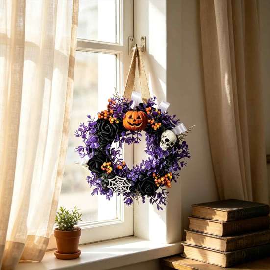 Halloween Fensterdekoration Kränze für Haustür, Totenkopf Kürbis Kranz mit Beeren, Schwarzer Herbst Ernte Hausdeko Rosen, Lila Blätter Türen,