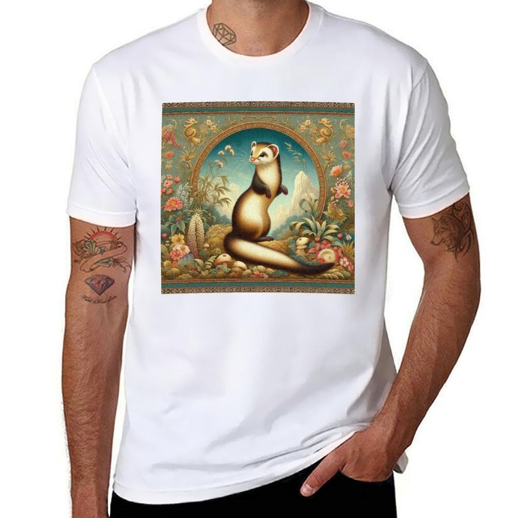 Cute Weasel In Floral Garden Tshirt Work Duty Casual Tshirt