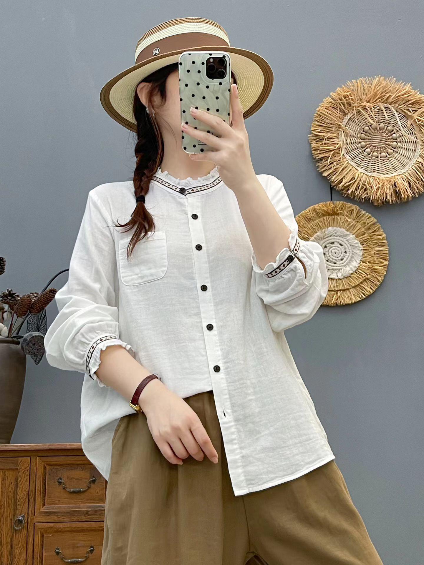 

Women s Double-Layer Cotton Yarn Long-Sleeve Shirt with Lace Collar - Spring/Autumn 2026 Collection, Loose and Casual Style L