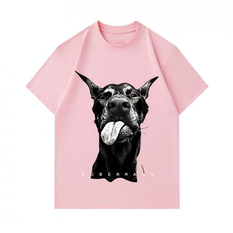 Men's 100% Cotton Short Sleeve O-Neck T-Shirt, Cute Tongue Out Doberman Dog Print Casual Comfortable Crew Neck Tee Top for Daily Wear