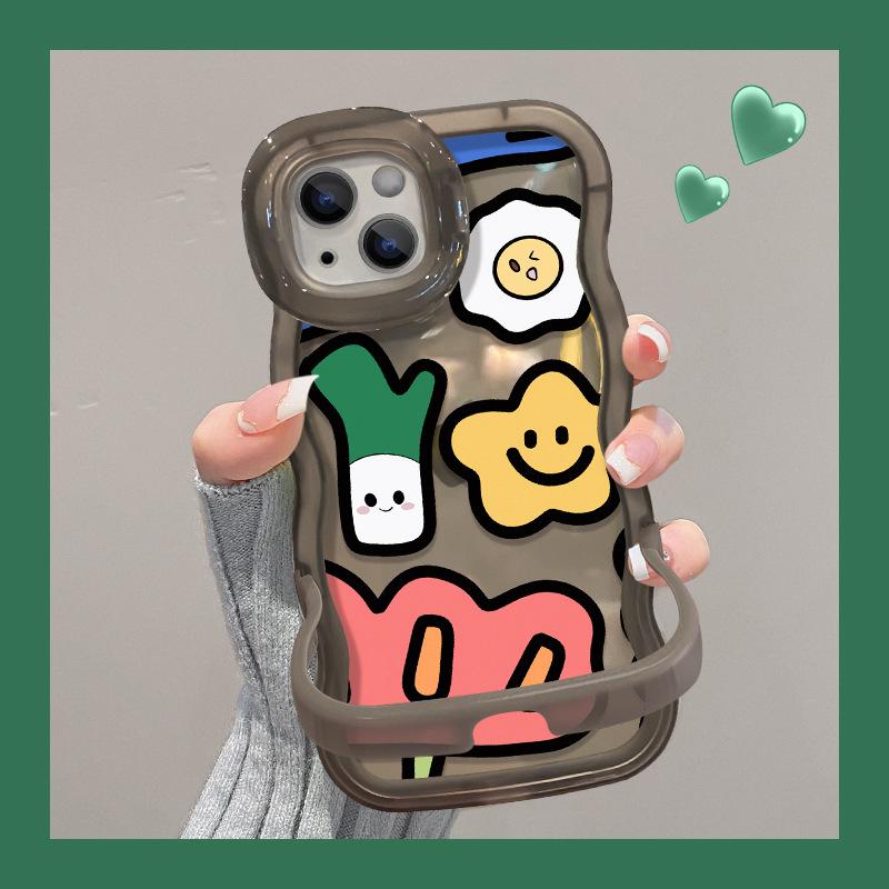 Applicable To Apple 15 Mobile Phone Case IPhone 14 Smiling Face Egg Green Onion 13 Wavy Edge 12 Invisible Double Stand Niche
