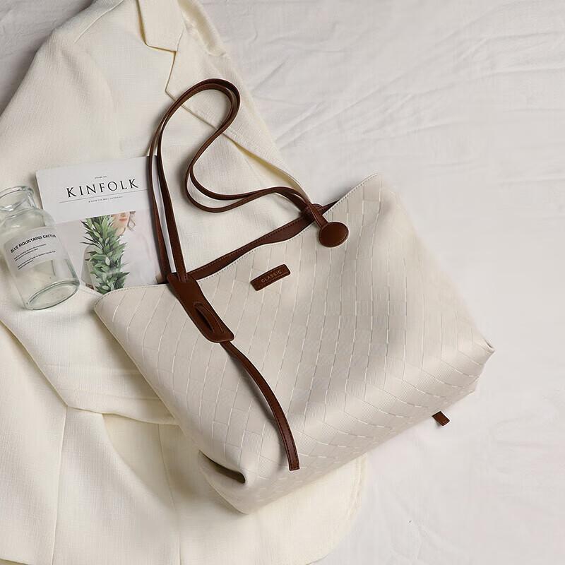 YUYULA Leather Handbag, Women's Tote Bag, Large Capacity, Handheld and Shoulder Strap, Off-White, No Gift Box