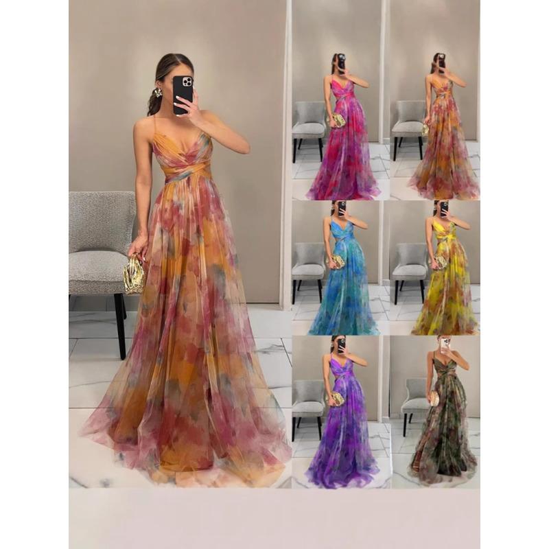 Spring and Summer New Mesh Printing Suspender Dress, Vacation Casual Party Dress