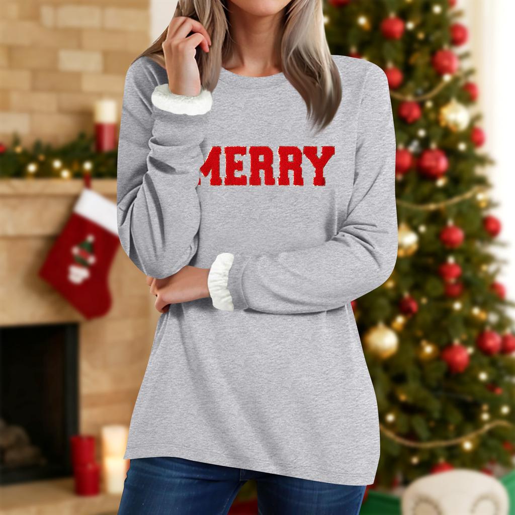 Women's Round Neck Top Printing Thickened Plush Cashmere Warm Long Top