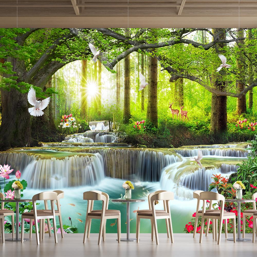Alpine Waterfall 3d Wallpaper Pond Lotus Wall Mural For Living Room Bedroom Waterfall Mural Home Decor
