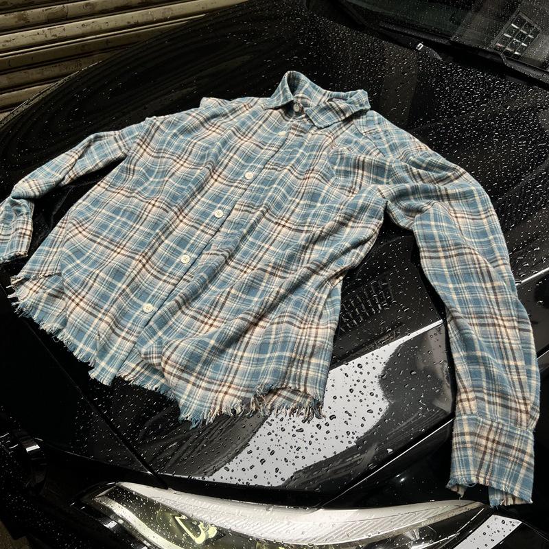 American Retro Tassel Distressed Plaid Shirt - Trendy Raw Edge Design Unisex Jacket for Spring and Autumn