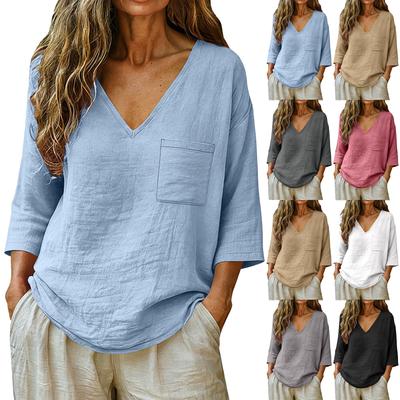 Women's Fashionable Loose-Fit Cotton-Linen V-Neck Casual Pullover With 3/4 Sleeves