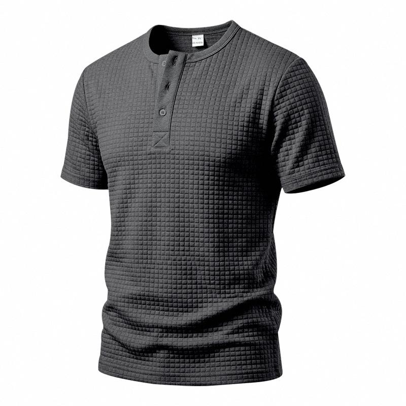 Men's Waffle Knit Henley T Shirts Short Sleeve Casual Solid Color Summer Basic Tee Tops