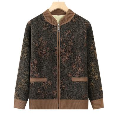 Middle-aged Grandma Pack Fleece Thickened Cardigan Knitted Sweater Mother's New Warm Flower Top Old Man Sweater New