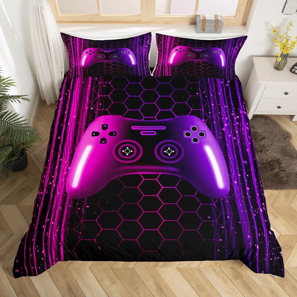 Comforter Gamer Bedding Set Gaming For Kids Teens Men Game Console Bed Set Geometry Stripes Honeycomb Hexagon Comforter
