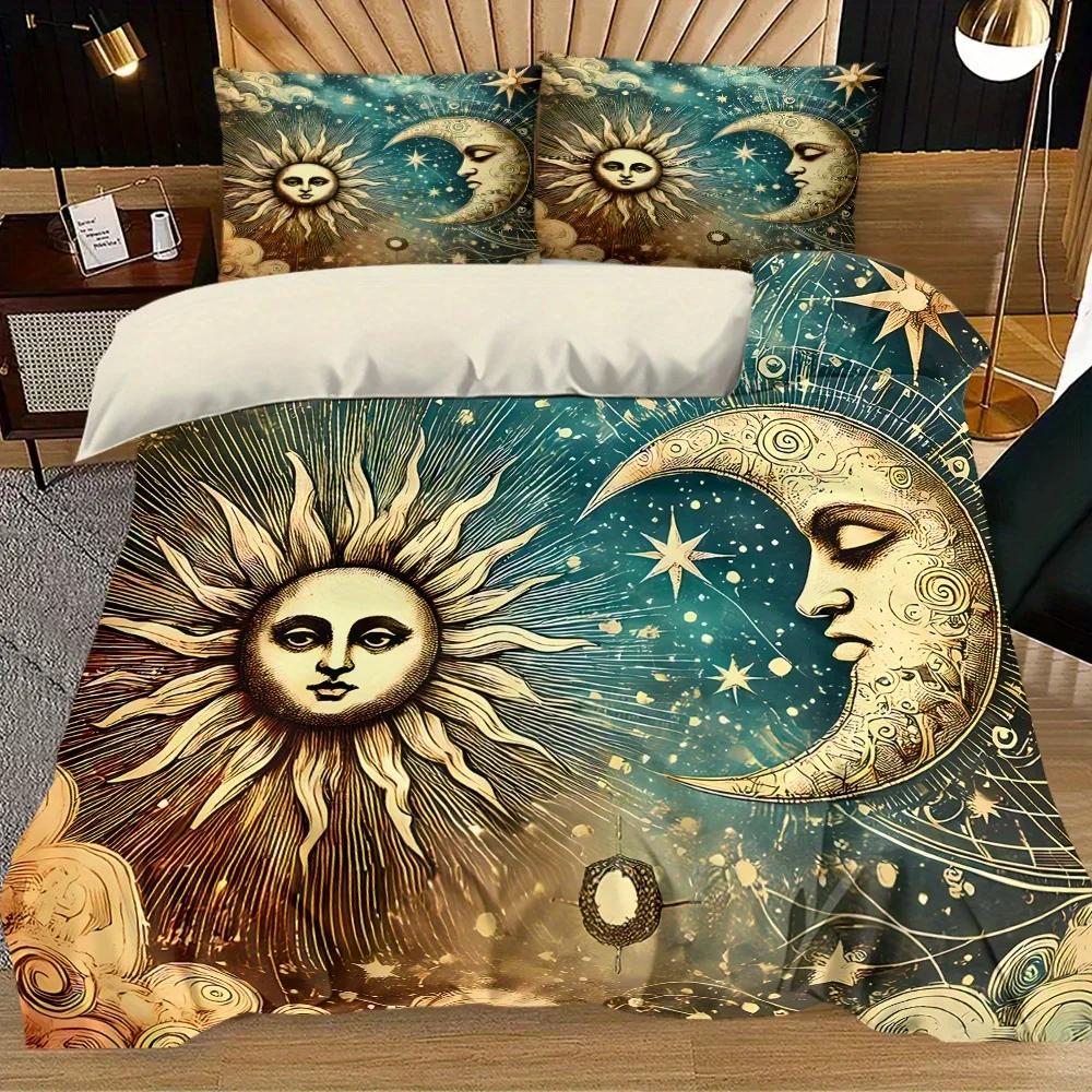 3pcs Gorgeous Sun Moon Texture Printed Quilt Set- Includes 1 Quilt Cover and 2 Pillow Cover (without Filler)