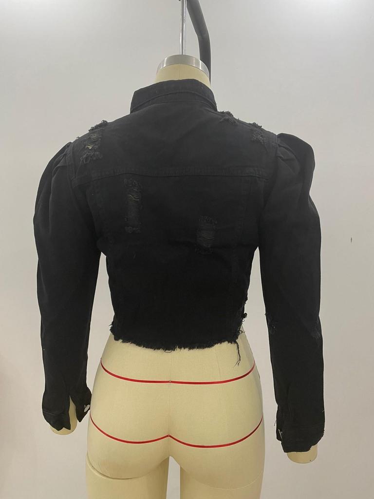 Dámská roztrhaná džínová bunda s nabíranými rukávy