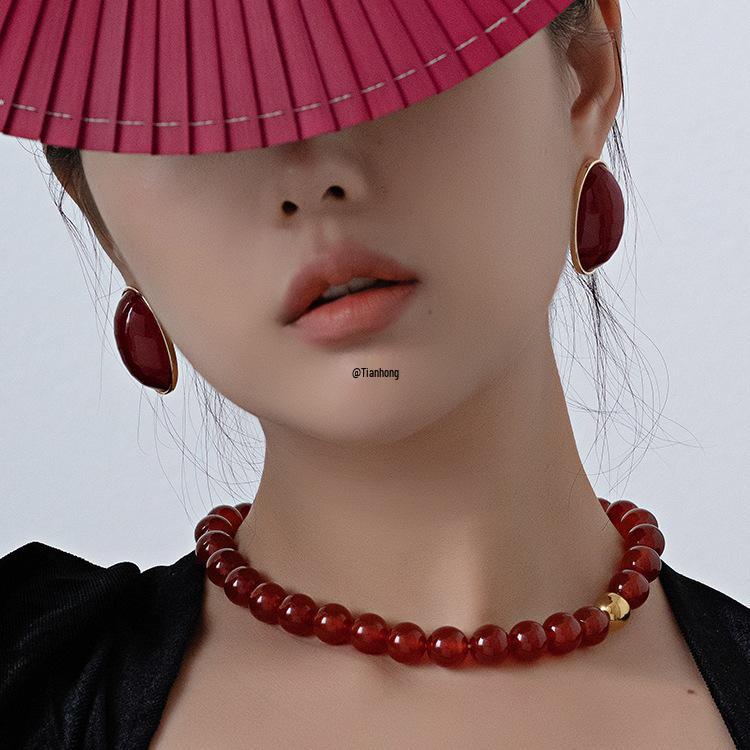 Ancola 2024 Red Retro Oval Pearl Earrings - Autumn & Winter Collection