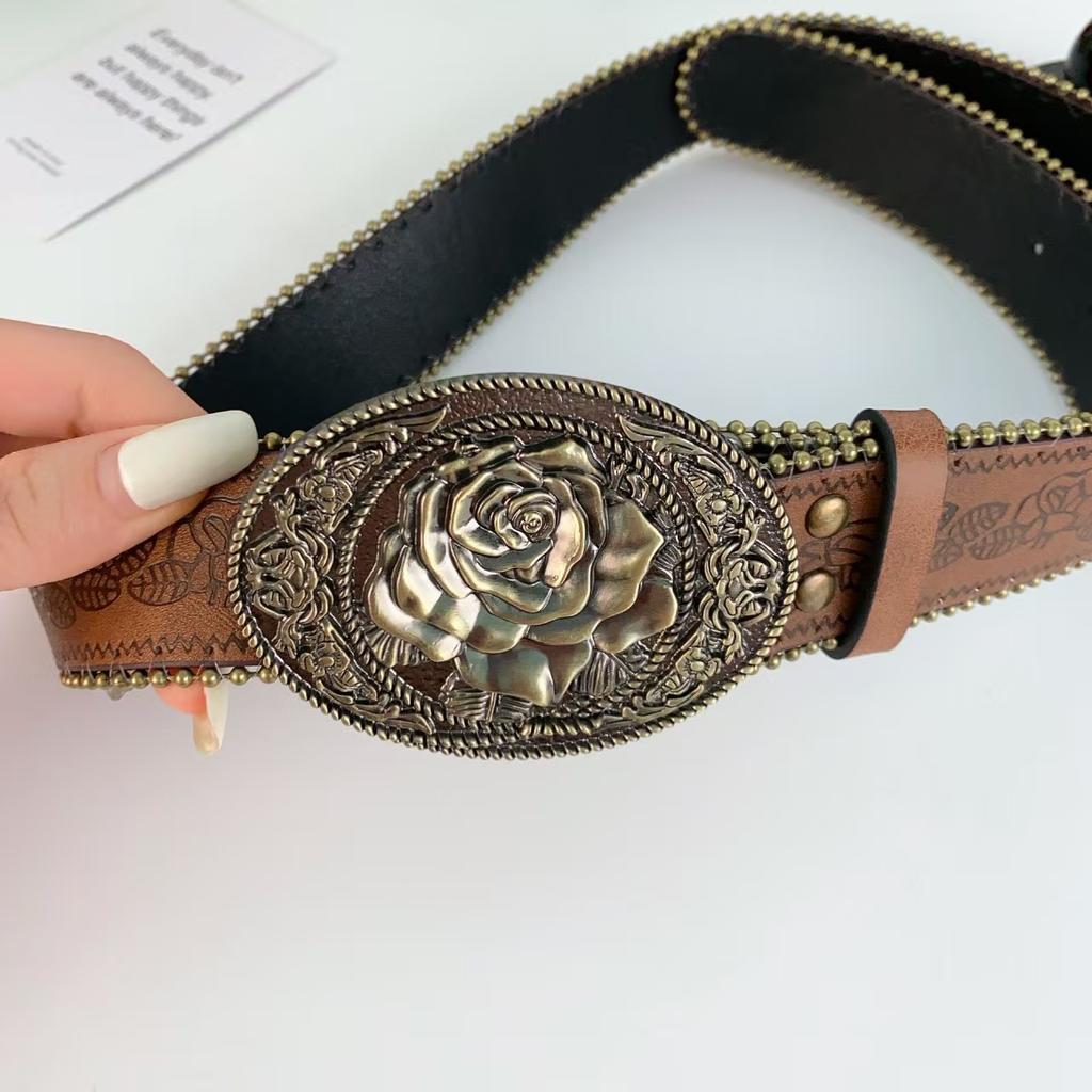 Vintage Spice Girl Ethnic Style Totem Rose Flower Metal Buckle Belt Belt Niche Mori Belt Accessories Belt Tide