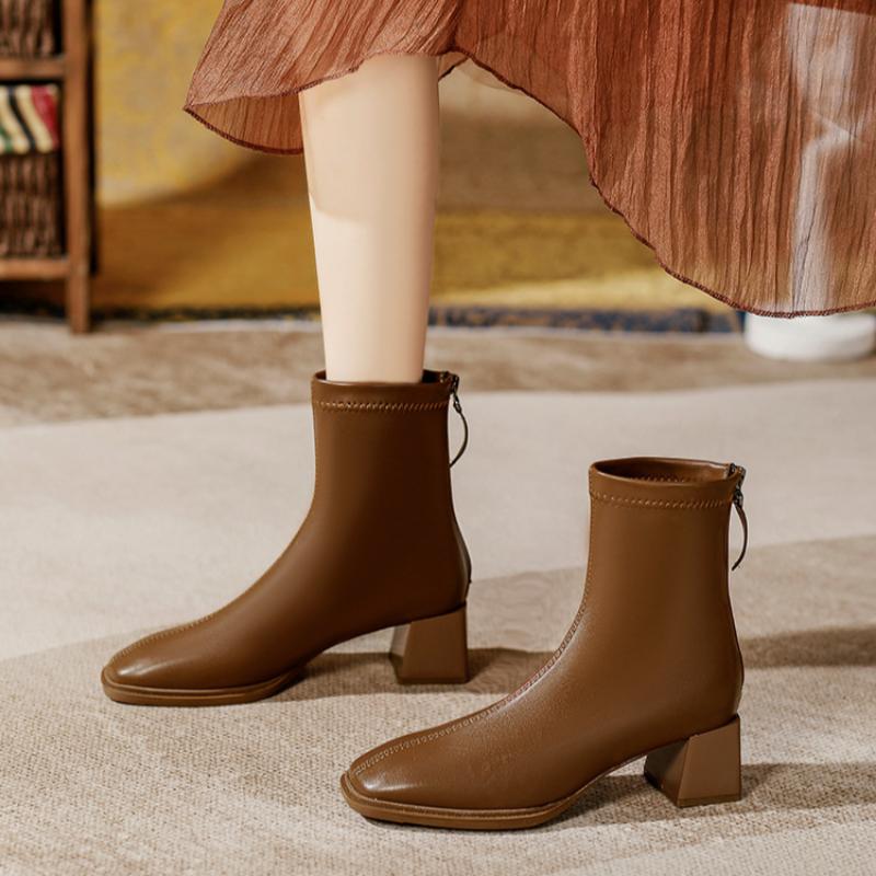 Ghete de damă franțuzești cu toc înalt, până la gleznă, cu toc gros, cizme de modă, piele moale, cizme simple de primăvară și toamnă, cizme cu vârf pătrat