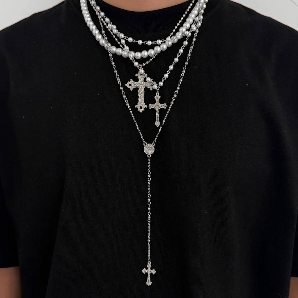 Lacteo 4 Pcs/Set Bohemia Imitation Pearl Choker Necklace Women Vintage Creative Gold Color Cross Pendant Necklace Charm Jewelry