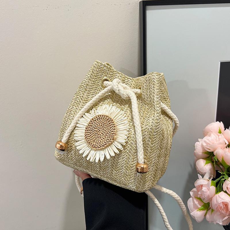 2026 Summer New Style Straw Woven Bucket Bag For Women Fashion Small Crossbody Shoulder Bag With Cherry Sunflower Decor