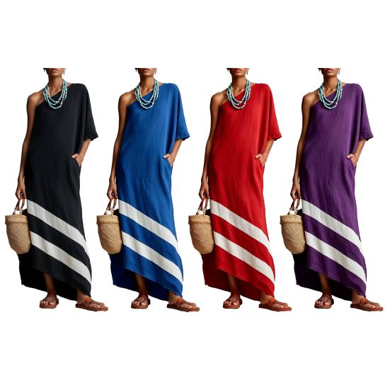Women One Shoulder Maxi Dress, Color Block Casual Loose Long Dress, Summer Beach Vacation Flowy Sundress with Pockets