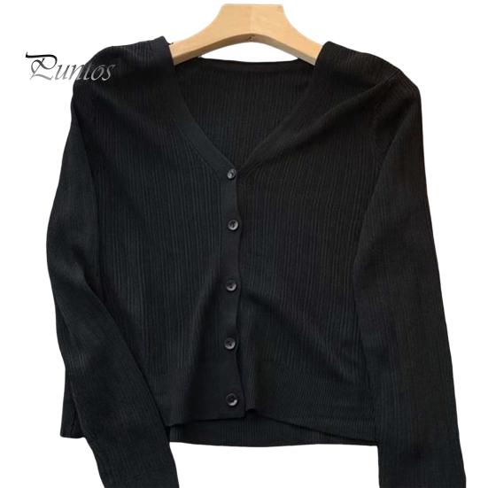 Sun Knit Cardigan for Women Long Sleeve V-Neck Button Up Thin Ice Silk Coat Summer Ribbed Cropped Top for Outdoor Travel Work Beach