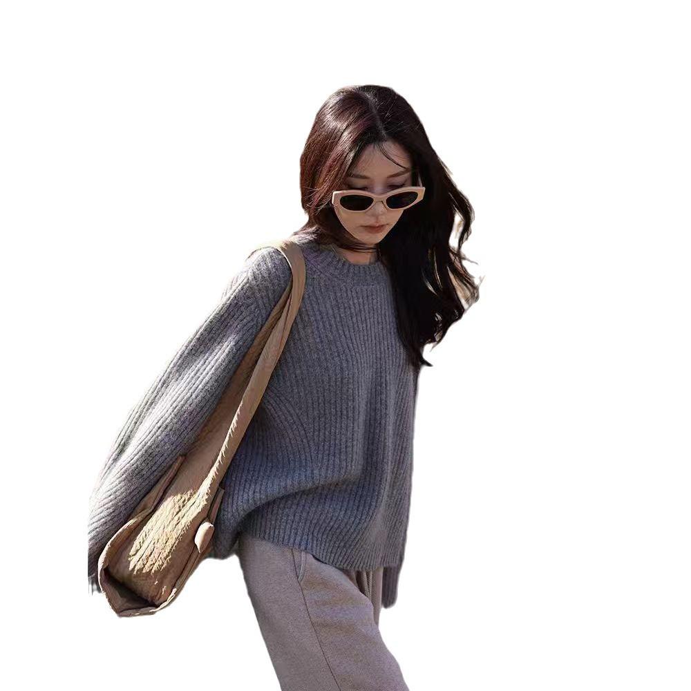 Women's Korean Style Thick Pure Wool Sweater - Soft, Round Neck, Loose Fit Pullover Knit
