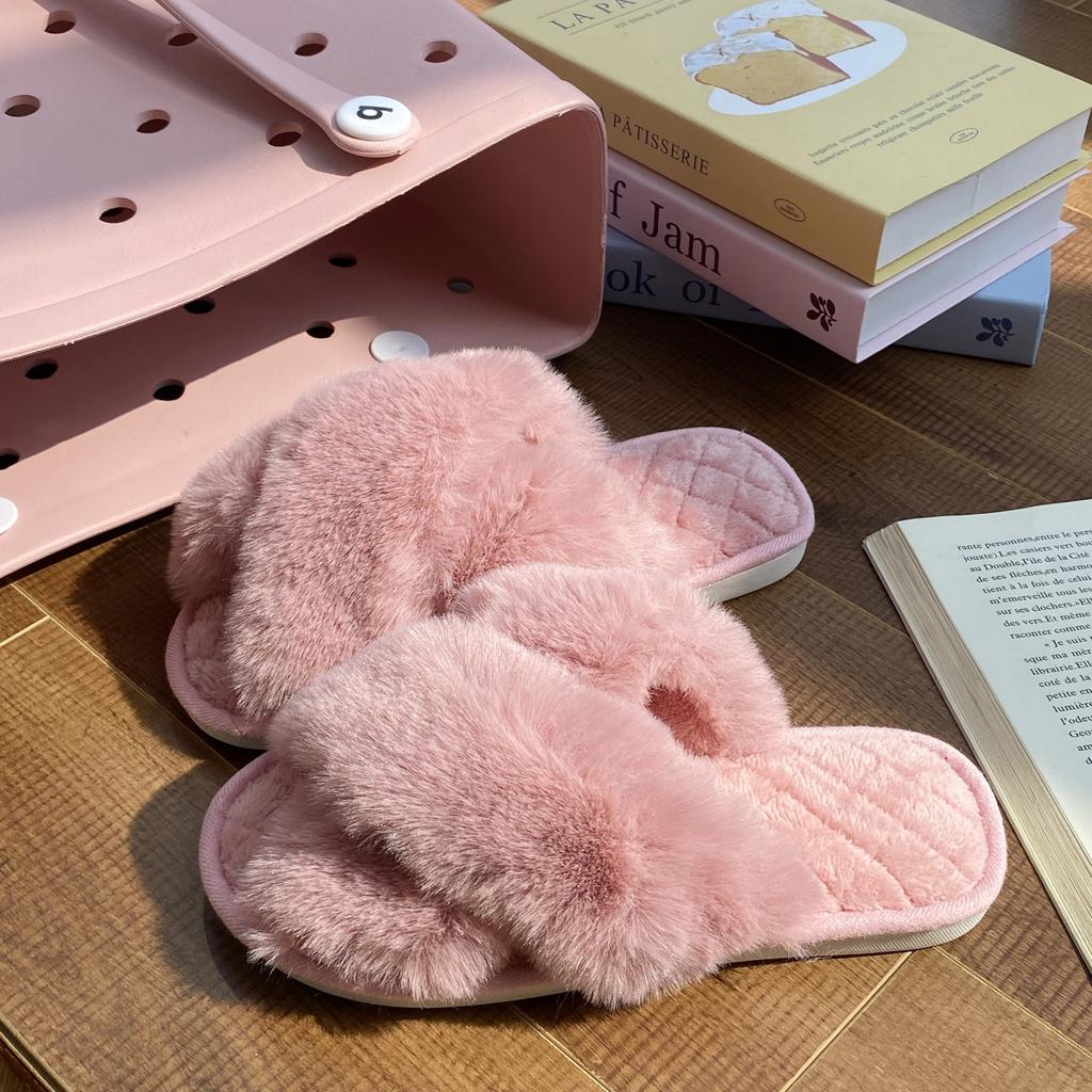2024 Winter Damen Zuhause Indoor Freizeit Hausschuhe Damen Flip Flops Flauschige Schuhe Kreuzdesign Pantoletten Damen Weiche Warme Plüsch Hausschuhe