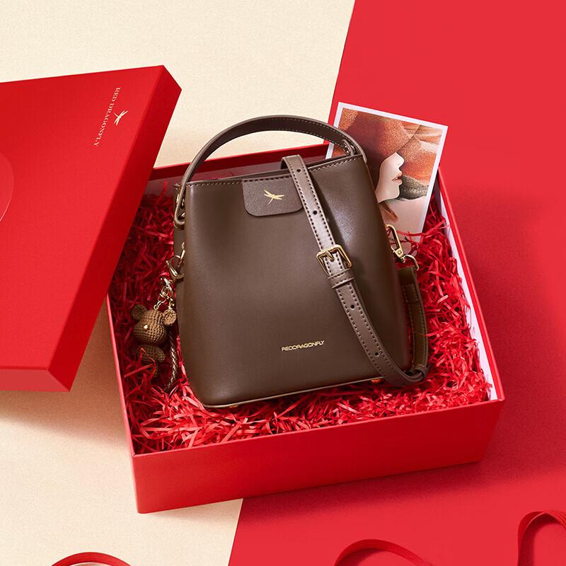 RED DRAGONFLY Light Luxury Cowhide Shoulder Bucket Bag
