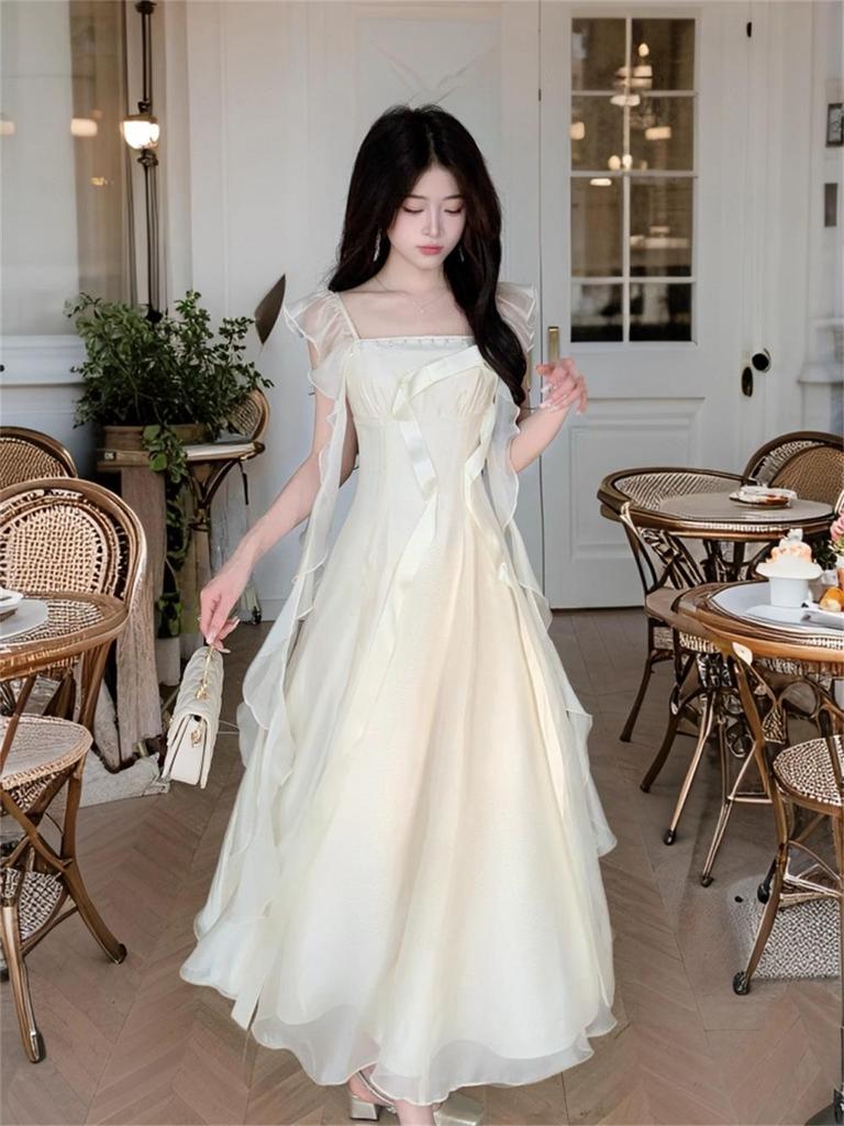 Elegant Summer Bow Ribbon Square Neck Dress for Women