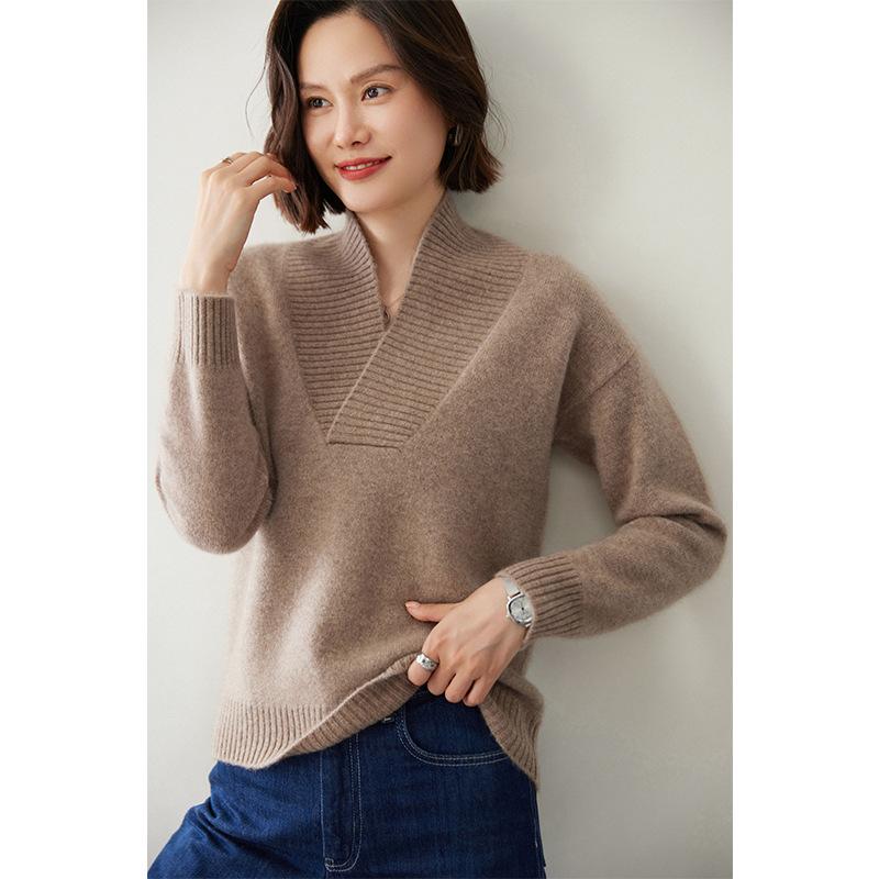 Temperament double-strand thickened pullover stacked V-neck sweater autumn and winter new high-end women's bottoming knitted sweater thick