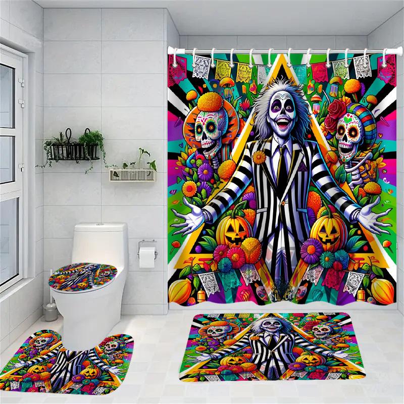Halloween Joker Disegno Animato Tenda da Doccia Set Bagno Impermeabile Antiscivolo Tappetino Bagno WC Con 12 Ganci Decorazioni per la Casa