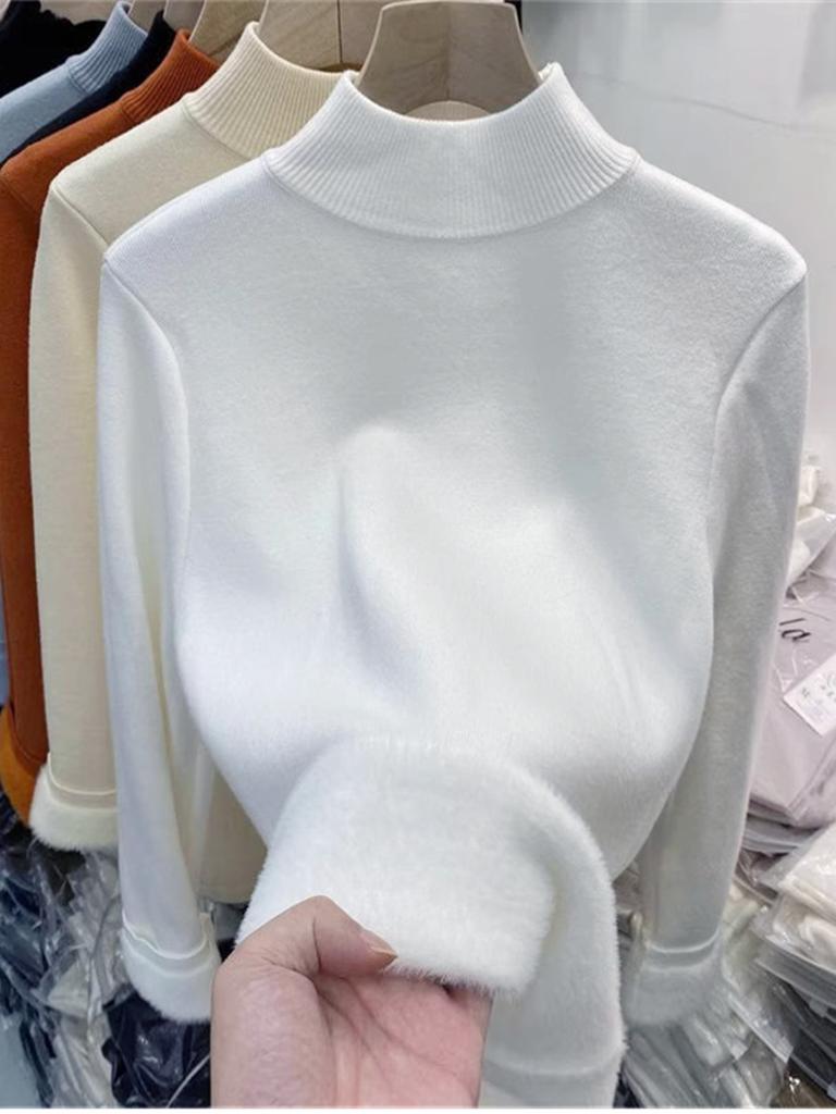 High-end Small Stand-up Collar Stacked To Wear an Integrated Fleece Sweater for Women's Autumn and Winter Basic Milk Ruffle Bottomed Knitted 