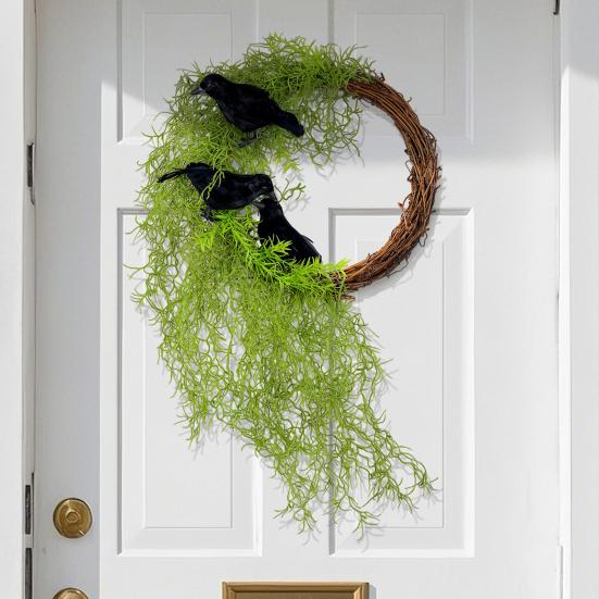 13.8 Inch Halloween Crow Wreath for Front Door Artificial Dead Branch Wreath with Simulated Crow And Vines for Walls Doors Windows Decor