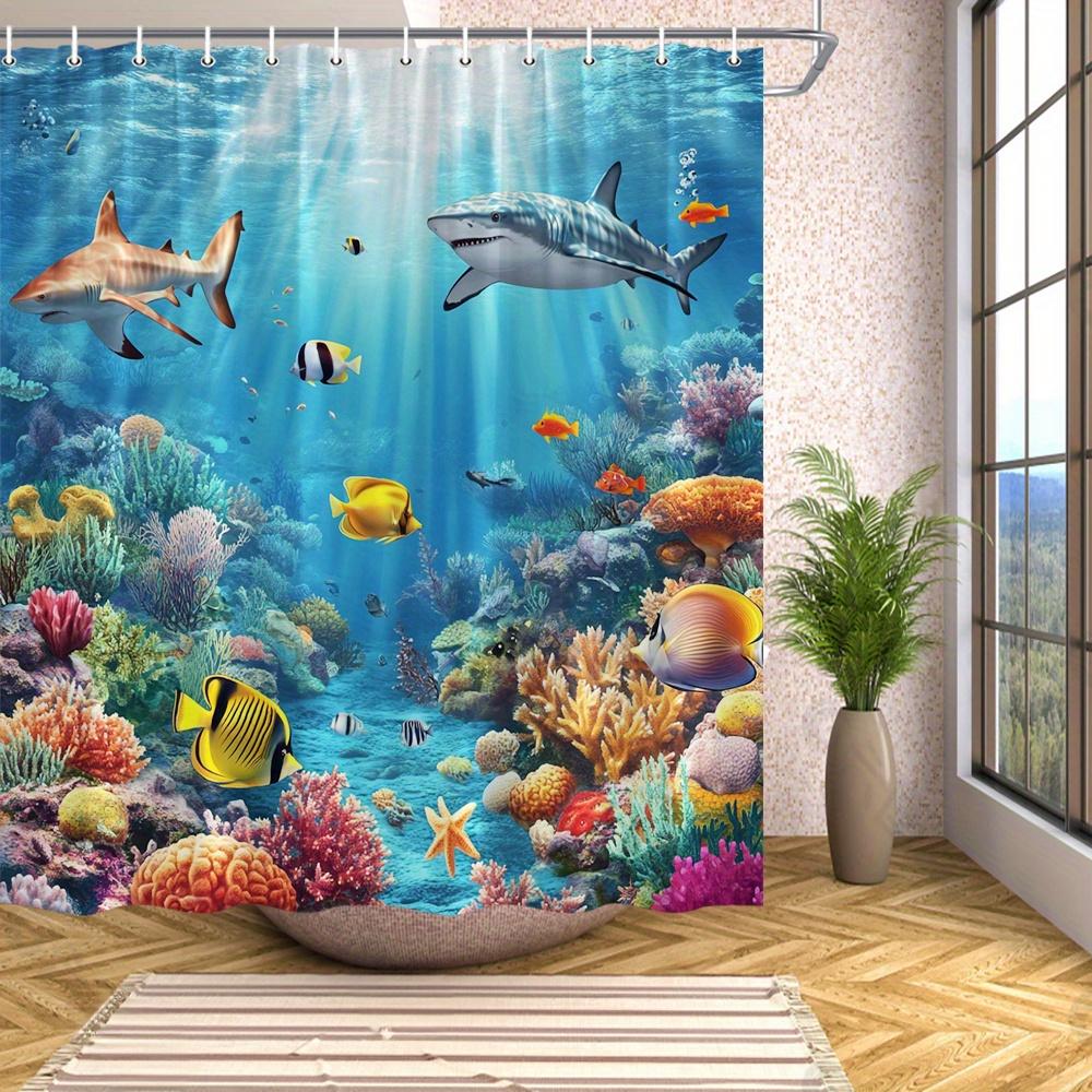Vibrant Underwater Marine Life Shower Curtain - Sharks, Coral Reef,Colorful Corals,Striped Fish, Polyester,Majestic Shark Design
