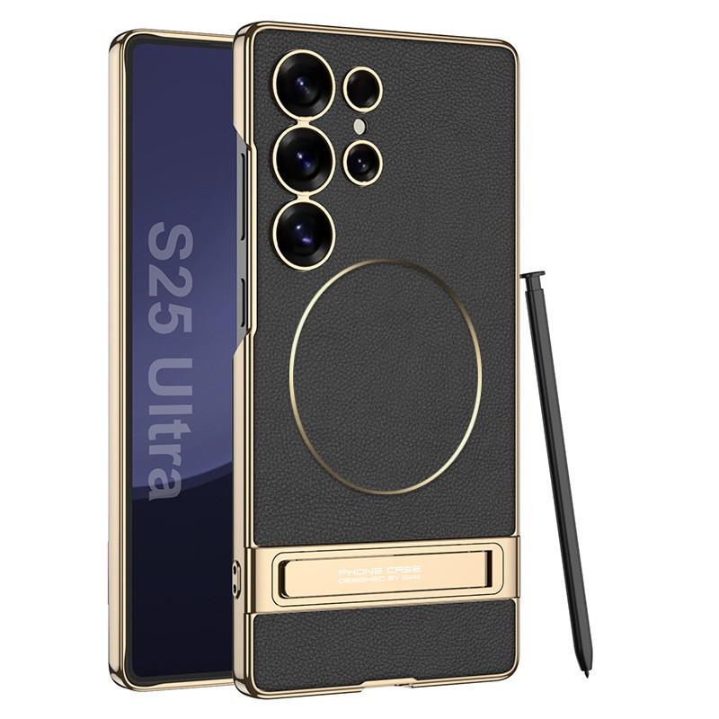 Premium Electroplated Vegan Leather Phone Case Galaxy S25 Ultra S24 With Built-in MagSafe Ring Stand Shockproof