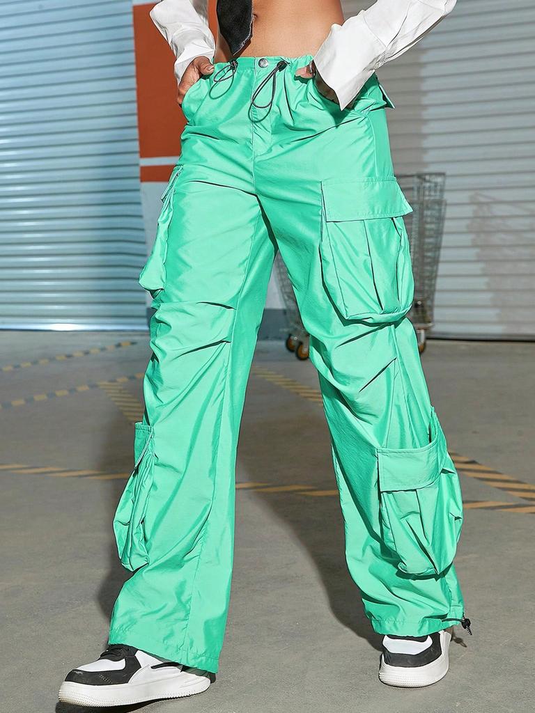 Rose Beauty A Flap Pockets Drawstring Ruched Cargo Parachute Pants