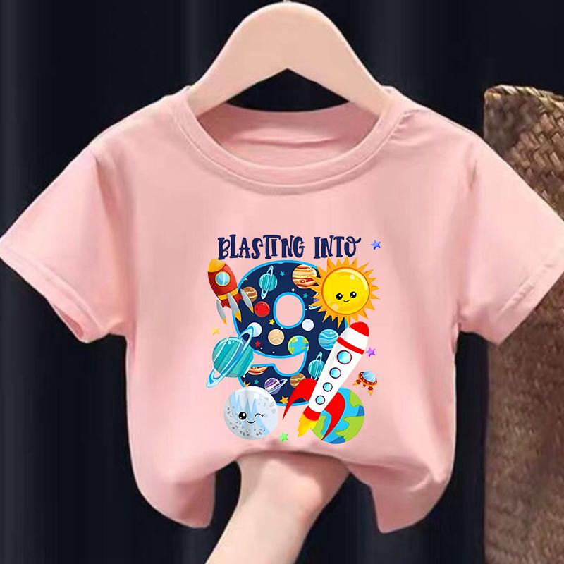 New Boys and Girls Clothing Outer Space Rocket Planet Printed Childrens Tshirt Birthday Round Neck Summer polyester fabric