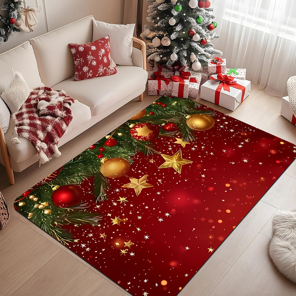 Pine Branch Bauble Star Christmas Doormat Red Winter Sparkle Print Indoor Floor Rug Merry Xmas Holiday Area Carpet