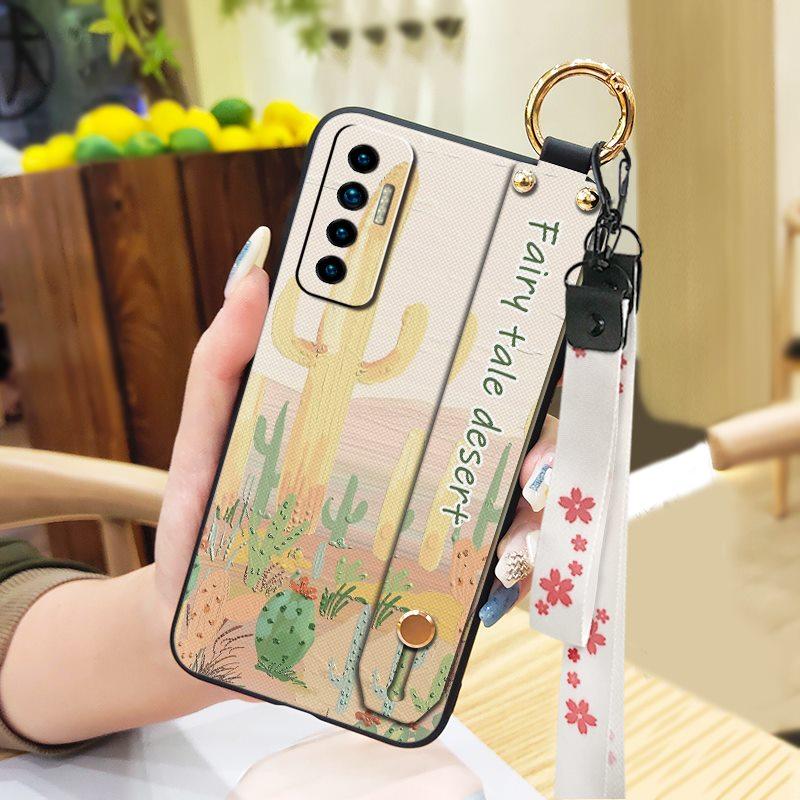 Durable Ring Phone Case For Tecno Camon17P Phone Holder Silicone Waterproof Dirt-resistant Flower Oil Painting Lanyard
