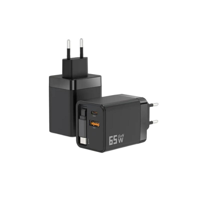65W GaN Charger with Retractable Cable for Fast PD Charging - Compatible with Apple, Huawei, Xiaomi, Type-C Devices