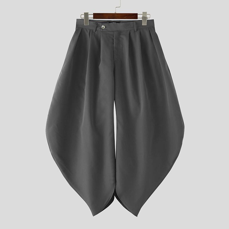 INCERUN Summer Men Zipper Waist Casual Ruffled Long Pants Trousers