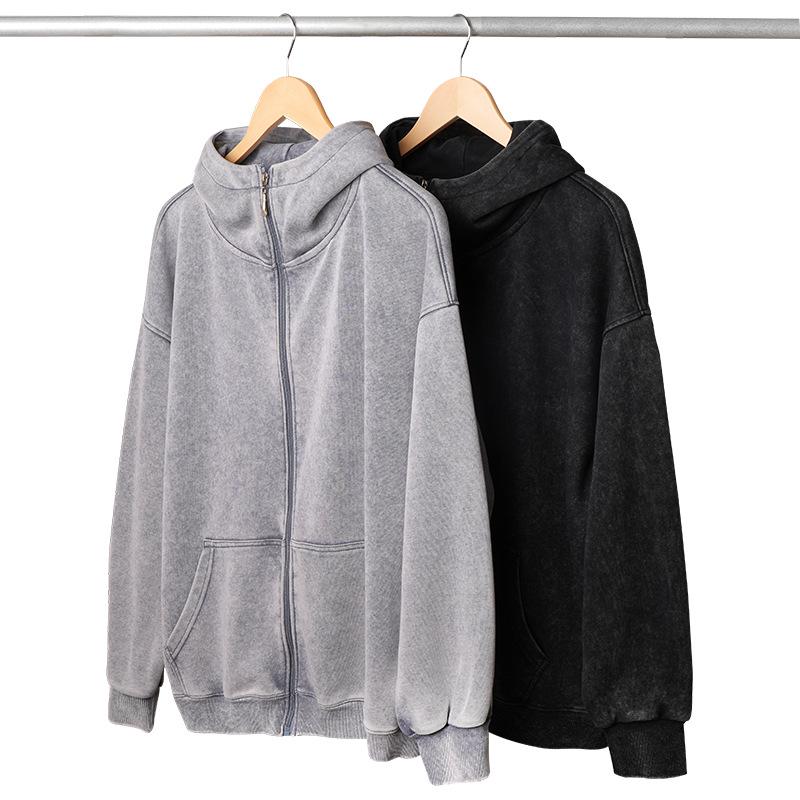European Style 350g Cotton Hooded Distressed Zip-Up Cardigan - Unisex Trendy Jacket