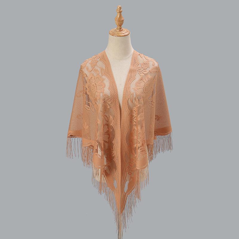 Women's Breathable Solid Color Tassel Triangle Scarf Shawl - Nylon, Hollow Out Design