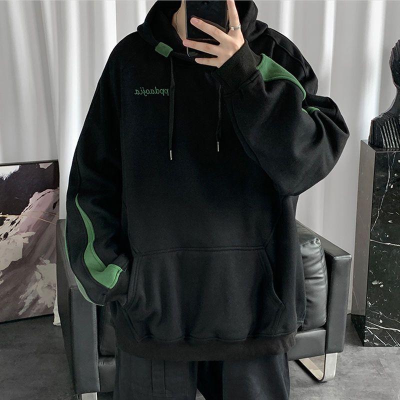 Splicing Fleeced Hooded Sweatshirts For Man Autumn Spring Loose Embroidered Hoodies Y2K Pullover