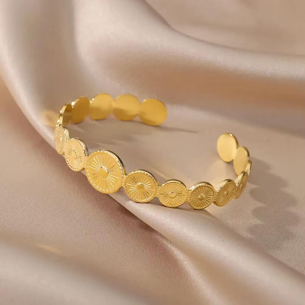 

Chunky Adjust Double Layer Cuff Bracelet Women Punk 2025 Fashion Flower Sun Bangle Gold Color Stainless Steel Waterproof Jewelry adjust