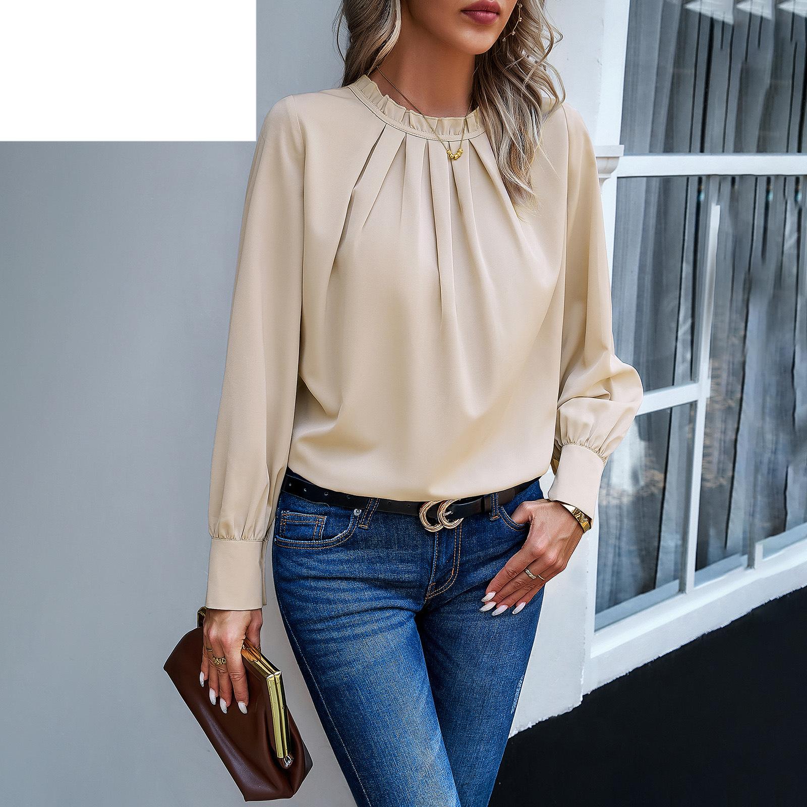 

Весенне-осенняя женская рубашка, темперамент, элегантный кружевной воротник, однотонный топ с длинными рукавами